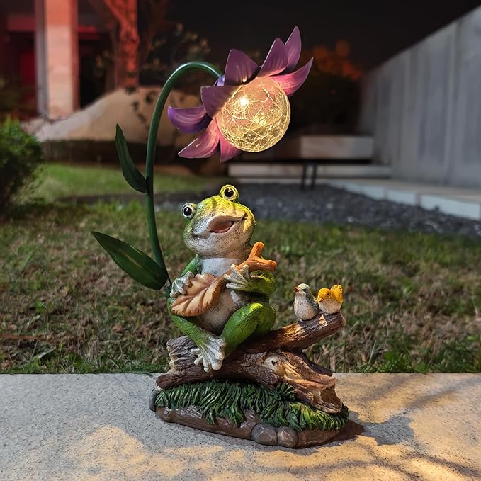 Garden Decor Statues, Outdoor Funny Frog Statue, Solar Frog Gift Sculpture Decoration for Home Patio, Yard, Lawn, Porch, Ornament