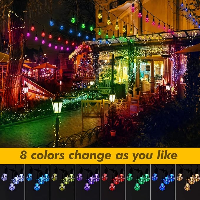 Auroraworld 35FT Solar RGB Outdoor String Lights, Dimmable Waterproof LED Patio Lights with Remote, 11 Shatterproof Edison Bulbs for Cafe Garden Party Decor