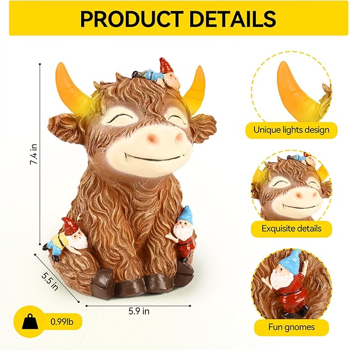 Solar Garden Statue Highland Cow Figurine with Funny Gnomes Garden Outdoor Decor for Yard Patio Lawn Christmas Housewarming Gifts for Women,Mom,Grandma (Brown)