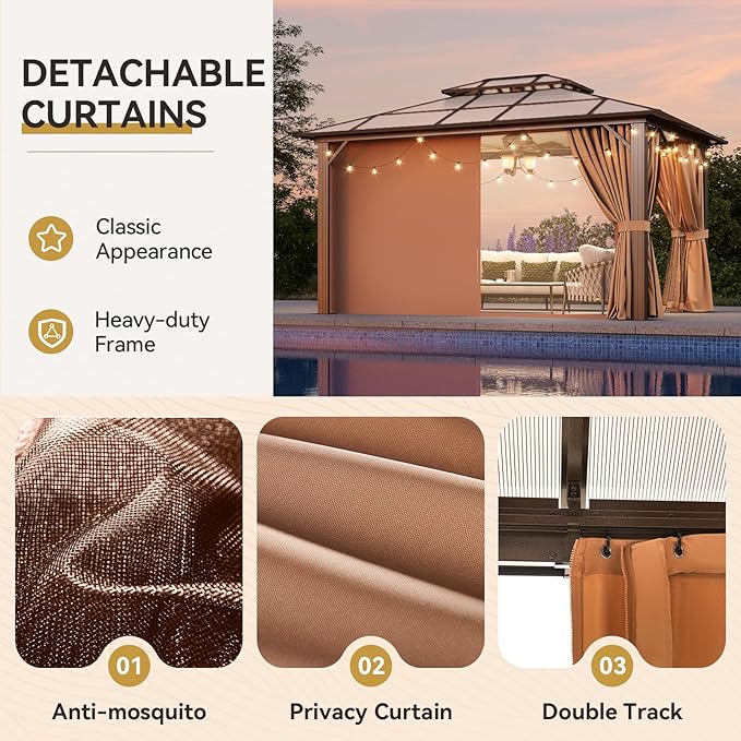 Aoxun 10'x13' Hardtop Gazebo, Aluminum Frame Permanent Pavilion with Netting and Curtains, Outdoor Polycarbonate Double Roof Canopy, Designed for Lawn, Garden, Patio (Khaki)