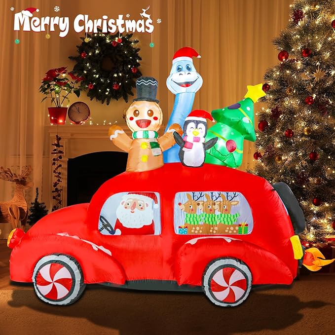 MUMTOP Christmas Car Inflatable-Christmas Inflatable Outdoor Decoration - 7.7 FT Lighted Inflatables Santa Carry Reindeer, Gingerbread, Penguin, Tree and Dinosaur, Blow Up Decor