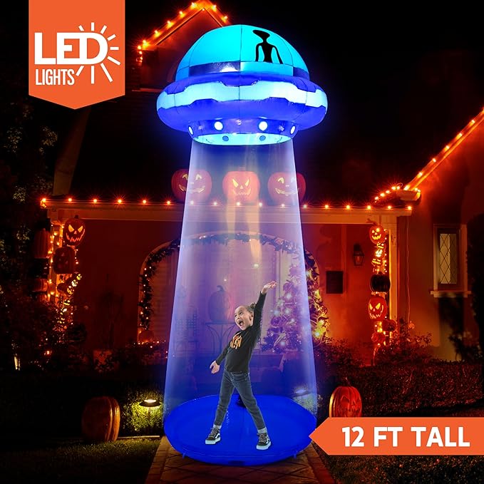 Joiedomi 12 FT Tall Halloween UFO Alien Inflatable Outdoor Decoration, Halloween Blow Ups UFO for Yard Decor with LEDs for Lawn Garden Outside Decoration