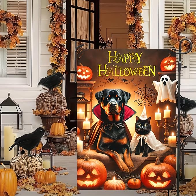 Happy Halloween Garden Flag Double Sided 12x18 Flag Halloween Cat Dog Ghosts Pumpkins Garden Flag Holiday Decoration Rottweiler Black Cat Garden Flag Porch Outdoor Yard Lawn Patio Banner