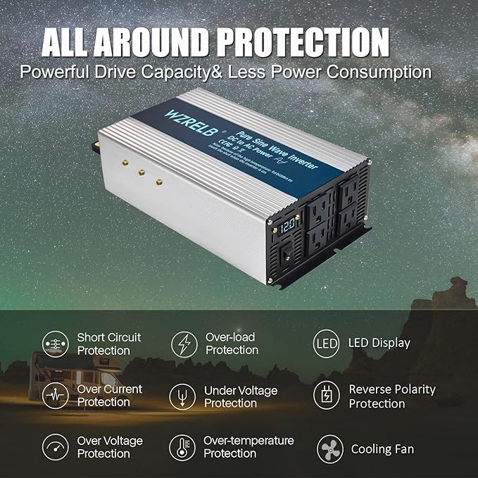 WZRELB 2000W Pure Sine Wave Inverter 12V DC to 110V 120V AC Power Converter with LED Display, Off-Grid Portable Power Inverter with 4 AC Outlets for Home, RV, Truck, Camping