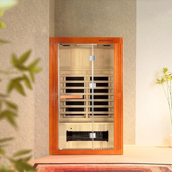 Woodbridge Infrared Home Sauna Room 2 Person Hemlock Wooden Indoor Sauna with 7 Carbon Heaters, Red Light Therapy, Bluetooth Speaker, Intelligent Control Panel, Tempered Glass & Top Vent