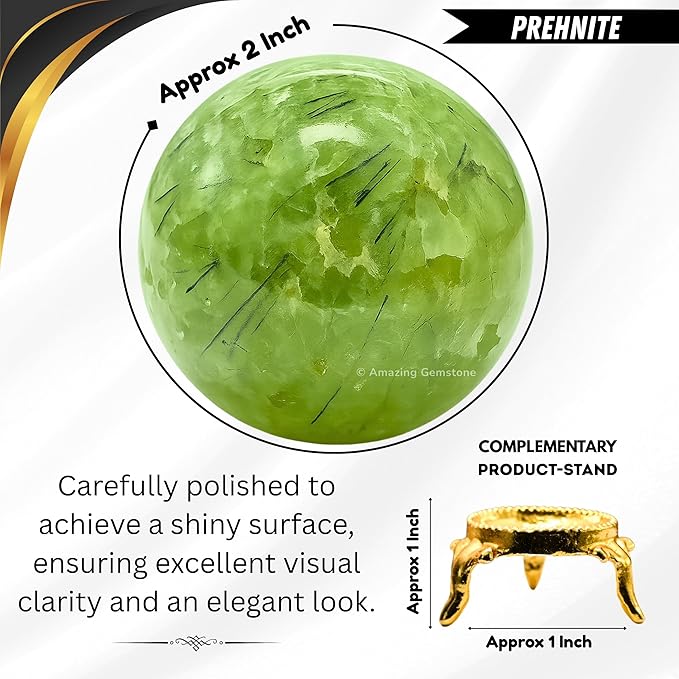 Amazing Gemstone Prehnite Crystal Ball with Stand - 2 Inches Crystal Sphere Meditation Balls for Witchcraft and Decorative Balls