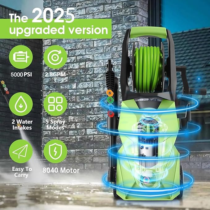 Pressure Cleaner 5000 PSI,2.8 GPM Power Cleaner with Foam Cannon,Portable Cleaner with 33ft Hose Reel,4 Nozzle Tips,and Soap Bottle for Cars/Home/Driveways/Patios/Decks/Fences(Green)