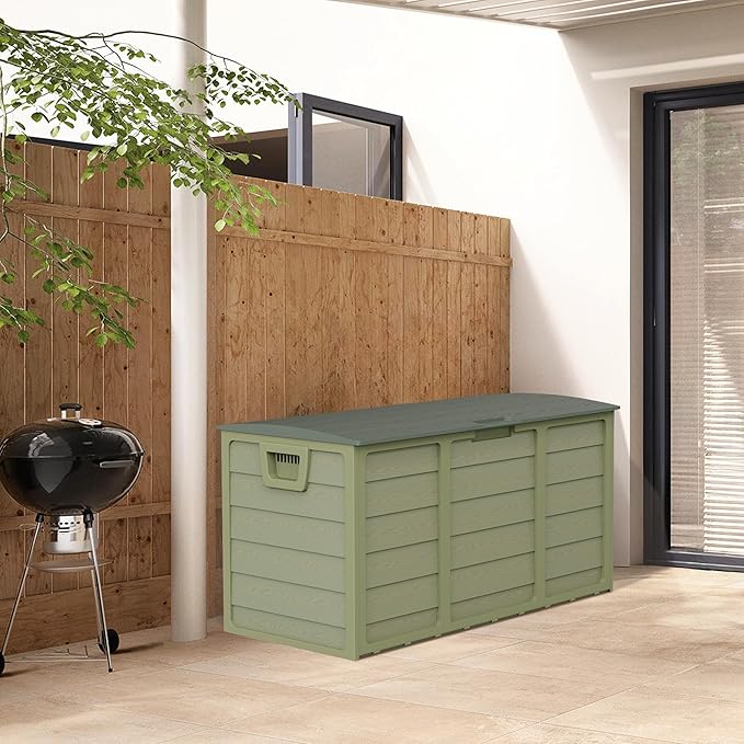 75 Gallon Outdoor Deck Box - Heavy Duty Resin Storage with Lockable Lid, UV Resistant for Patio Furniture Cushions, Pillows (Green)