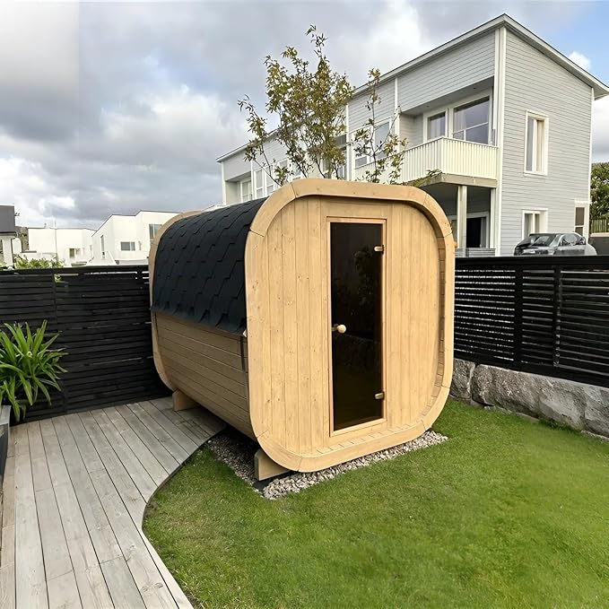 ZONEMEL Customize Outdoor Steam Square Sauna for 4-8 Person, Canadian Pine/Hemlock/Cedar, Porch Option, Window Selection, Wood Burning Stove (0-195 °F)