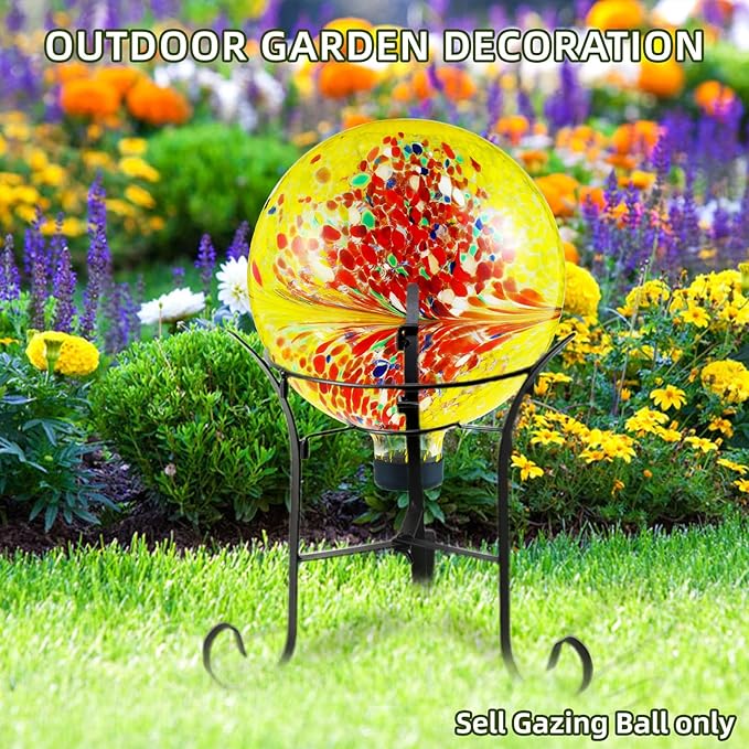 VOREEN 10-Inch Glass Gazing Ball, Outdoor Gazing Globe, Handmade Reflective Ball Yard Decoration for Homes, Patio, Lawn and Gardens, Gift for Mom Wife Friend, Phoenix Tail Design, Yellow