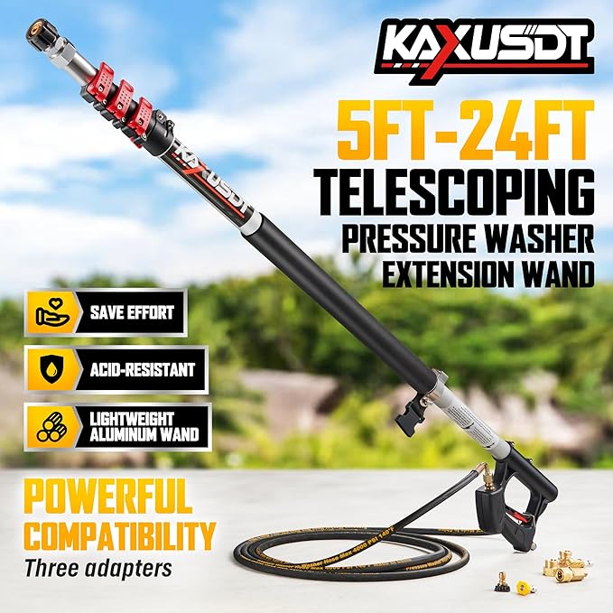 24FT Pressure Washer Telescoping Extension Wand, 𝟐𝟎𝟐𝟓 𝐔𝐩𝐠𝐫𝐚𝐝𝐞𝐝 High Power Accessories with Brush Head & 3 Wand, 7 Spray Nozzle Tips, 4000PSI Gutter Cleaning Tools for Wall Window Soffit