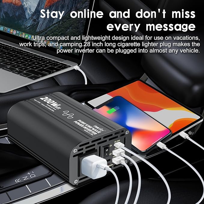 Pure Sine Wave Car Inverter 200 Watt 12V DC to 110V 120V AC Car Power Inverter Converter with 30W PD USB-C & QC3.0 USB-A Fast Charging for Vehicle Truck RV by Leesky