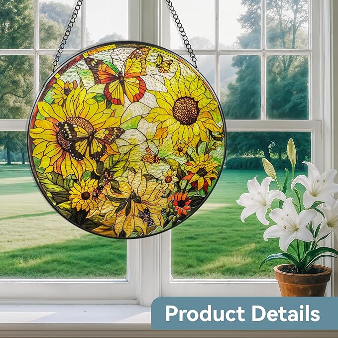 Suncatcher Stained Glass Window Hanging - Sunflower Glass Panel with Metal Chain and Hooks Handmade Sun Catcher Decoration for Window Garden Home Christmas & Birthday Gifts (8 Inch)