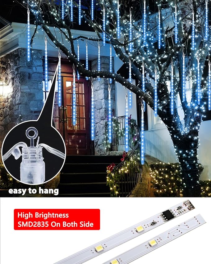 Flacchi Solar Meteor Shower Icicle Lights - 20 Tubes 480 LED Cascading Raindrop Lights, Outdoor Waterproof Christmas Decorations for Holiday Party (Blue, Solar 20 Tubes)