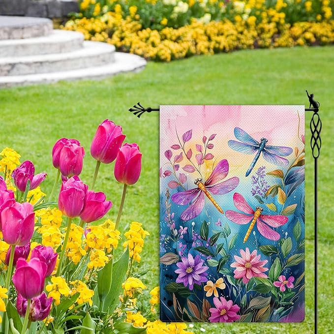 Colorful Spring Summer Dragonfly Garden Flag Floral Flowers Garden Flag Vertical Double Sided Rustic Farmland Burlap Yard Lawn Outdoor Decor 12.5x18"