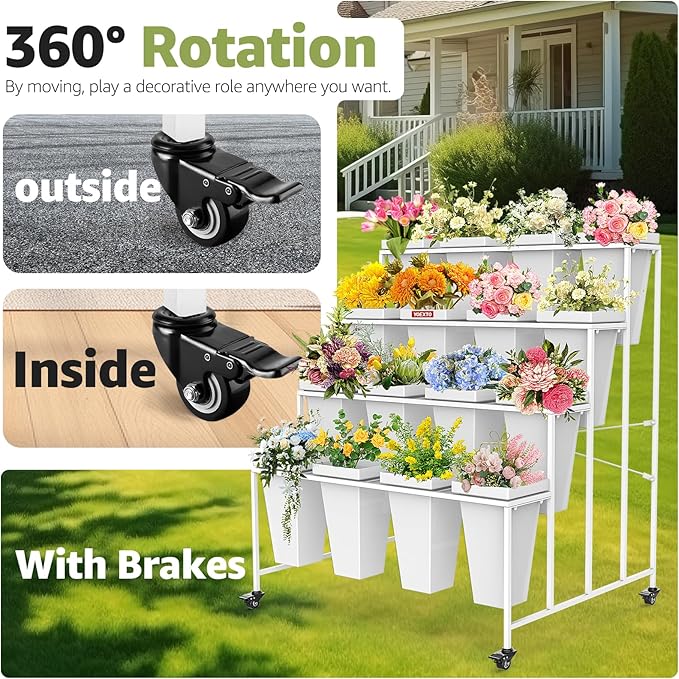 Flower Display Stand 4 Layers with 16 PCS Square Buckets, Plant Stand with Wheels, Movable Metal Plant Stand for Terrace Garden, Living Room, Florist Shop