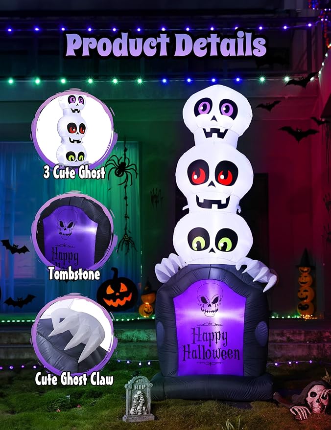 Halloween Inflatables Outdoor Decoration, 6.5FT Pumpkin/Tombstone/Black Cat/Ghost Tree, Cute Blow Up Yard Decor, for Outside Garage Door Graveyard Yard Porch Lawn (6.5FT Ghost+Tombstone)