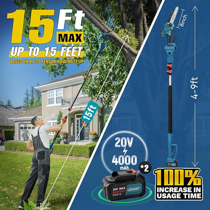 Cordless Pole Saw with 2 Max 20V*4Ah Batteries,8inch Chainsaw and Pole tree trimmer, Electric Pole Saw and Branch cutter Battery Powered,15-Foot Reach for Tree Trimming and Pruning