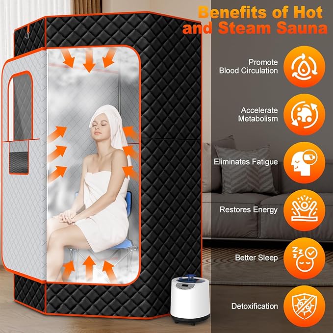 iTHERAU XL Sauna Box, Portable Sauna for Home, Steam Sauna Tent Full Body Personal Sauna Room with 3L 1200w Steamer, Upgrade Materials, Remote Control, 9 Levels Heat, 90 Mins Timer, Chair