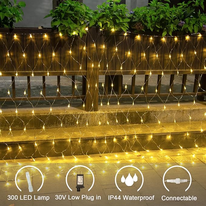 300 LED Net Lights, 14.8ft x 5ft 8 Modes Christmas Outdoor Mesh Lights Connectable, Waterproof Decorative String Lights Plug in for Bushes Xmas Tree Garden Wedding Party (Clear Wire, Warm White)