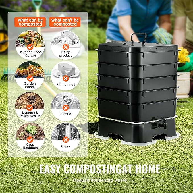 VEVOR 5-Tray Composter, 50L Worm Compost Bin - Indoor/Outdoor Worm Farm Kit for Food Waste Recycling, Vermicomposting & Vermiculture
