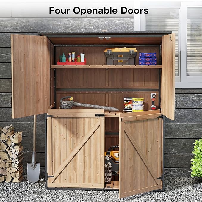Outdoor Storage Shed with Floor, Waterproof Storage Cabinet with Metal Frame, Adjustable Shelves, Garden Shed for Backyard Garden Patio Lawn - Light Brown