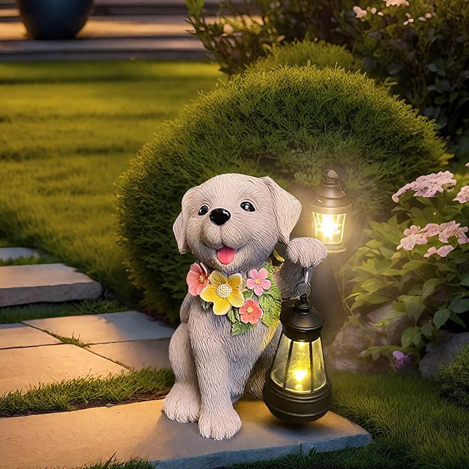 Solar Dog Statue for Garden, Dogs Solar Light with Lantern, Outdoor Cute Dog Statues for Yard, Lawn, Patio Decoration, Birthday, Housewarming, Gardening Gifts for Women