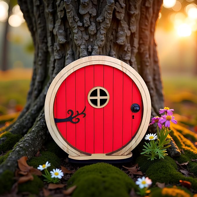 Red Fairy Garden Door for Tree, Fairy Doors for Trees Outdoor and Tree Trunk, Mini Fairy Garden Sculpture Lawn Ornament Decor, Fairytale Tiny House Doors Mini Gift, Fairytales Door Decoration