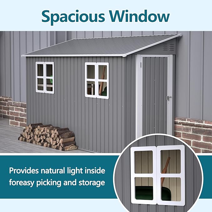 4X8 FT Outdoor Storage Shed W/ 2 Windows & Floor Frame,Lean to Shed W/Reversible Installation,Metal Garden Tool House W/Air Vents,Lockable Door & Sloped Roof,for Backyard Patio Lawn,Gray