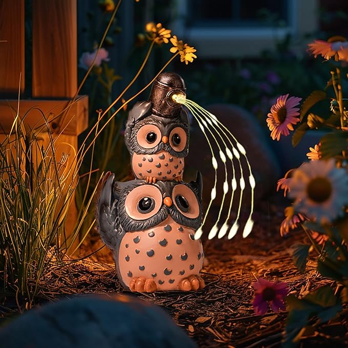 Solar Garden Statues Outdoor Decor, Watering Owl Statue Garden Decor, Resin Yard Decorations Outdoor for Patio, Porch, Balcony, Lawn Ornaments, House Warming Birthday Gifts for Mom Women Grandma