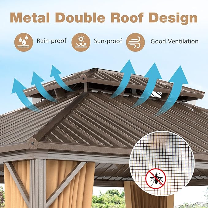 Tangkula 12x14 FT Hardtop Gazebo, Outdoor Permanent Pavilion Shelter with Netting & Curtain, Heavy-Duty Double Galvanized Metal Roof, Aluminum Frame, Outdoor Gazebo for Patio Garden Deck Lawn
