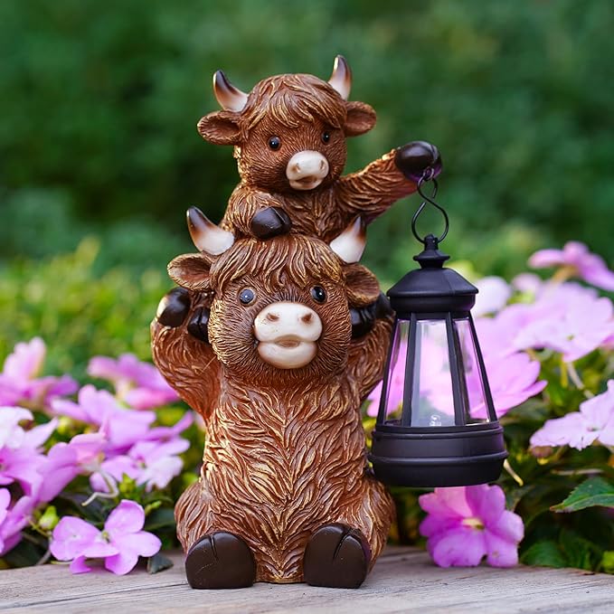 Solar Highland Cow Garden Decor - Resin Cow Statue with Solar Lantern Outdoor Yard Patio Decor - Ideal Gifts for Women,Mom Men (Copper)