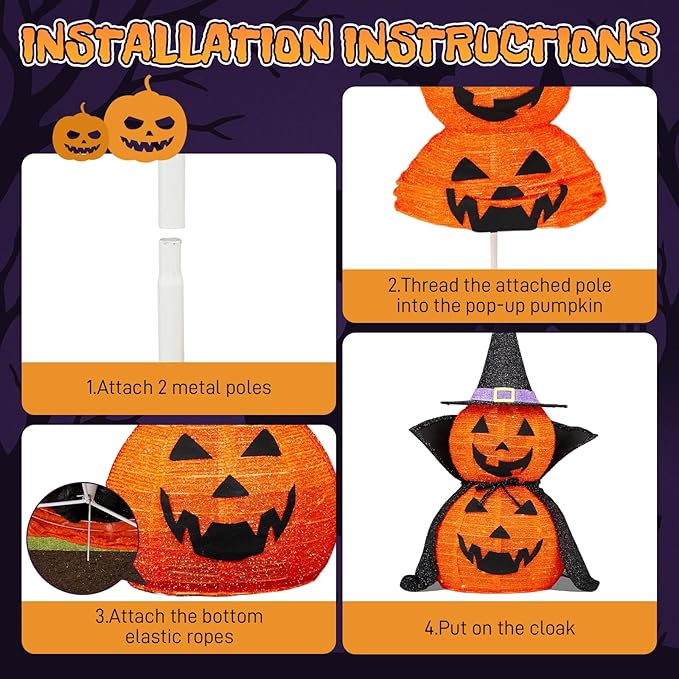 AW 2Pcs 3FT Halloween Collapsible Pumpkin LED Jack-O-Lantern Outdoor Decoration