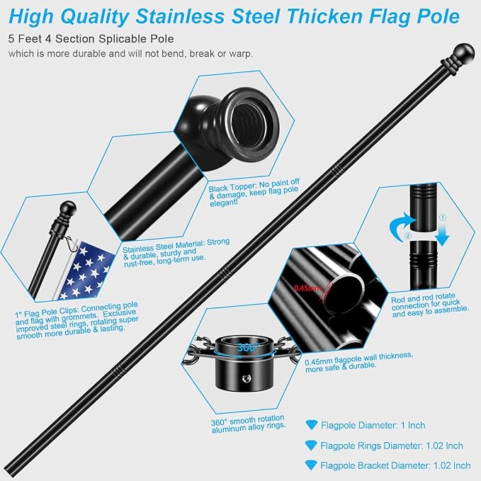 5 FT House Flag Pole Kit, 1" Spinning Thicken Stainless Steel Metal Flagpoles for Outside House Porch Post Wall Mount with 2-Position Flagpole Holder Bracket & 360° Flag Ring for 3x5 Flag(5 FT, Black)