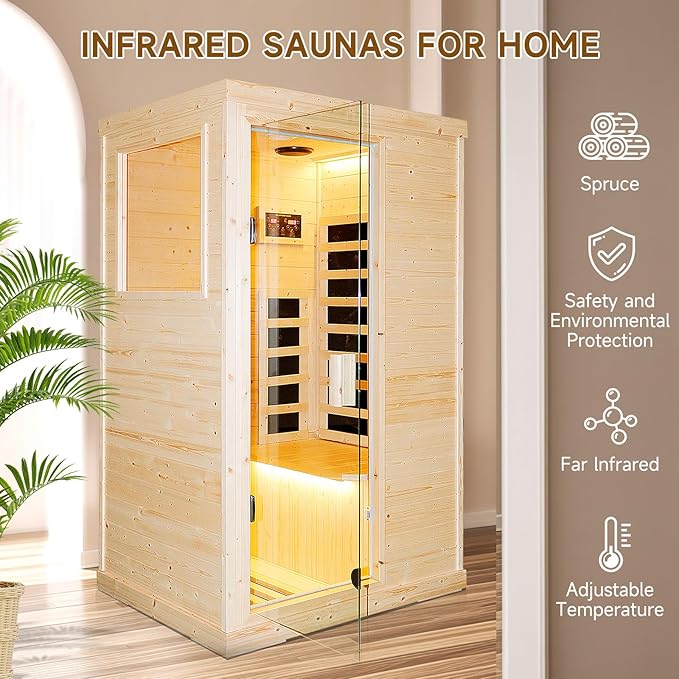 Sauna Infrared Far Infrared Sauna for Home 1 Person Sauna with Spruce Wood Dry Sauna for Home Sauna Room Low EMF Indoor Sauna for One Person in Home Sauna 900W with Speakers