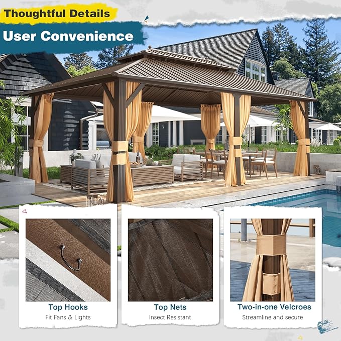 MELLCOM 12'x20' Hardtop Gazebo, Metal Double Roof Aluminum Gazebos with Curtain and Netting,Brown Permanent Galvanized Steel Pavilion for Patio, Lawn & Deck