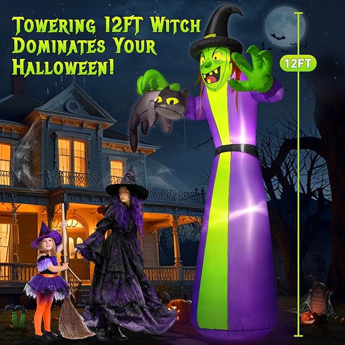 12FT Giant Halloween Inflatables Witch Outdoor Decorations, Huge Halloween Blow Up Spooky Witch Grabbing Black Cat Yard Decoration Built-in LEDs & Strong Blower Large Tall for Lawn Party