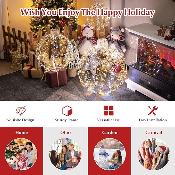 Tangkula Christmas LED Light Balls for Tree (3 Pack), Outside Lighted Sphere with 180 Warm White & 180 Cold White Lights, Holiday Lighted Decorations, Christmas Sphere Balls for Indoor Outdoor Decor