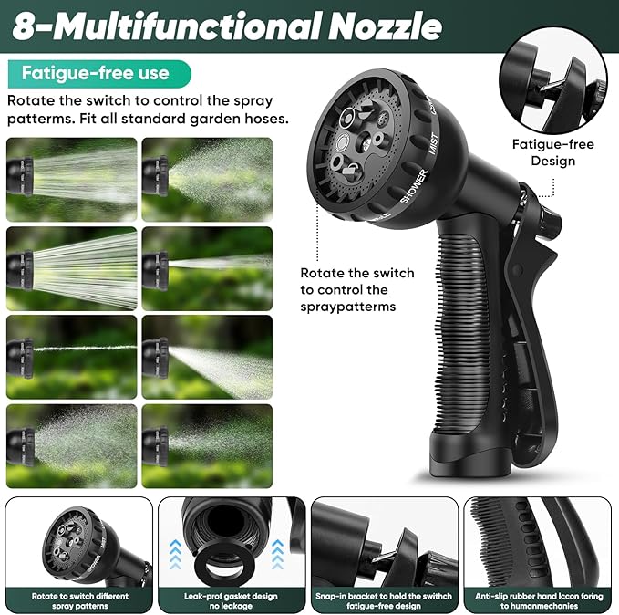 Garden Hose Non-Expanding 100ft, Flexible Garden Hose with 10 Function Hose Nozzle, Lightweight, Kink Free and Water Hose for Outdoor,Yard, Lawn, Car Wash, Marine,and Camper Use