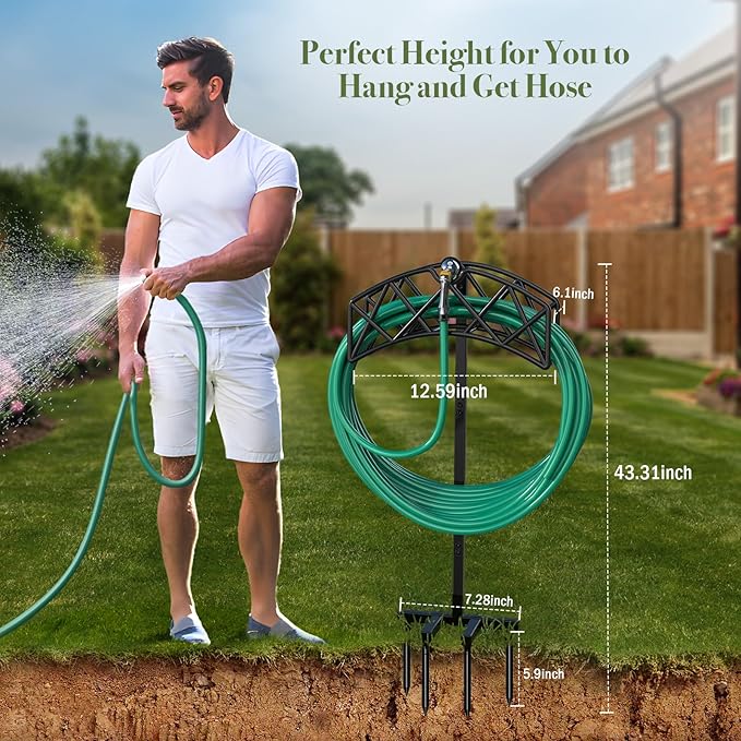 Garden Hose Holder Detachable Heavy Duty Metal Water Hose Hanger, Freestanding Hose Storage Stand Rack for Outside (Black)