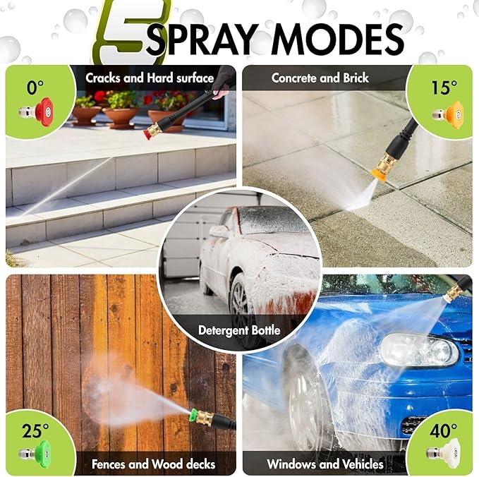 Pressure Washer Cleaner with 4 Nozzles & Foam Cannon for Driveways, Cars, Fences, Decks, Patios, and Outdoor Cleaning (Green)