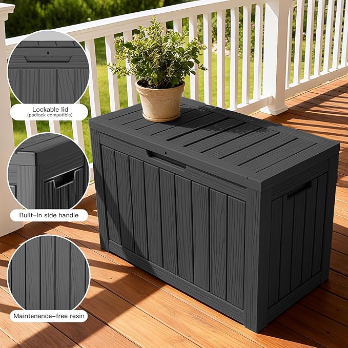 45 Gallon Deck Box, Small Outdoor Storage Box Waterproof, UV-Resistant and Weatherproof Outside Resin Storage Bin for Outdoor Patio Furniture Pillows, Pool Supplies, Garden Tools, Black