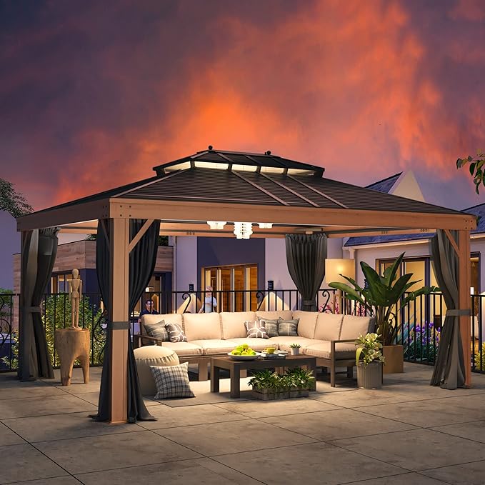 YOLENY 12'x16' Hardtop Gazebo, Galvanized Steel Double Roof with Wood-Looking Aluminum Frame, Outdoor Permanent Metal Pavilion with Curtains and Nettings for Patio, Backyard and Deck