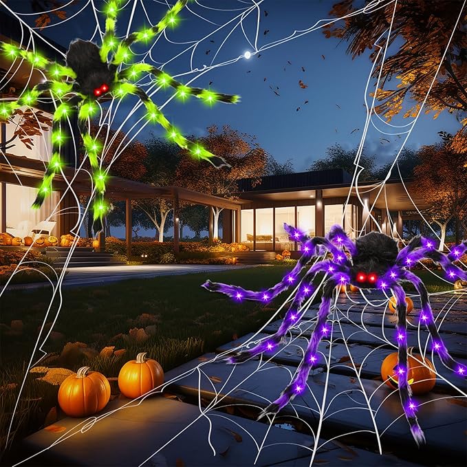 2 Pack 50" Halloween Light Up Spiders, Giant Hairy Spider Decorations with Green and Purple LED Lights, Scary Outdoor Indoor Halloween Decor for Yard, Porch, Tree, Party, Haunted House