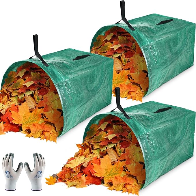 3 Pack 53 Gallon Yard Waste Bags Dustpan Type Lawn Garden Reusable Heavy Duty Leaf Bags Yard Waste Container with Reinforced Carry Handles for Leaves Debris Grass, with Gloves, Leaf Bag Holder