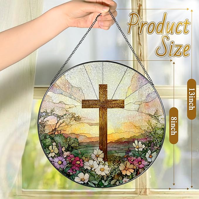 8 Inch Stained Glass Cross & Wildflowers Suncatcher Christian Hanging Ornament Gift for Religious Occasions