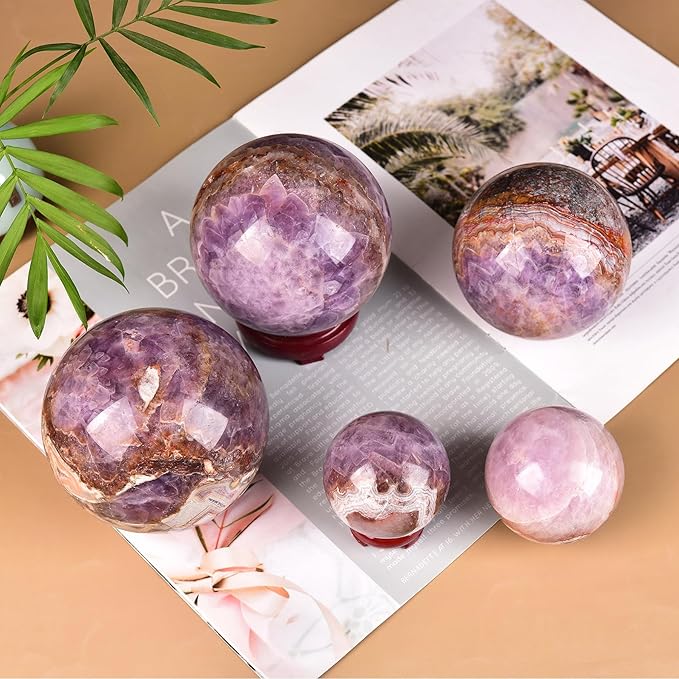 JIC Gem Natural Amethyst Agate Crystal Sphere Ball Purple Crystal Decorative Ball with Wooden Stand Meditation Balls for Witchcraft Reiki Healing Gift 50-60mm