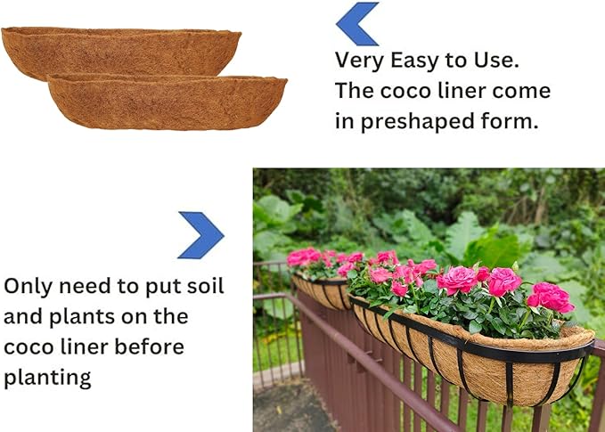 Maxona 24 inch 4 Pack Trough Rectangular Coco Liner for Window Box Planter: Thick Coconut Coir to Support The Soil Replacement for Wall Hanging Basket, Rectangle Pre-Formed Fiber Husk, Garden Fence