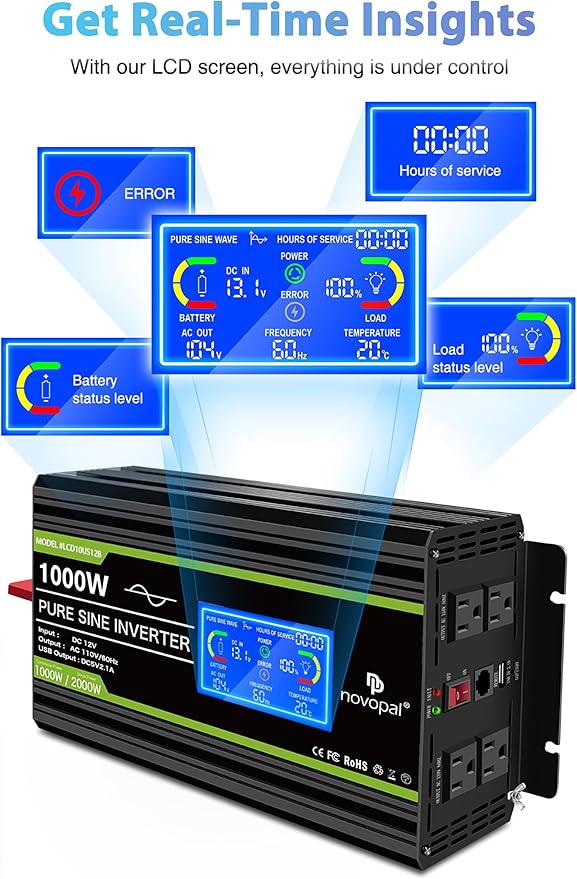 Novopal 1000 Watt Pure Sine Wave Power Inverter 12V DC to 110V/120V AC Converter- 4 AC Outlets Car Inverter with 1 USB Port-16.4 feet Remote Control,Two Cooling Fans and LCD Display Black