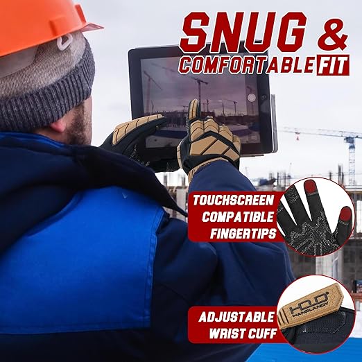 HANDLANDY Insulated Winter Work Gloves for Men, 3m Thinsulate Thermal Impact Gloves with Touchscreen for Cold Weather (Tan, Large)